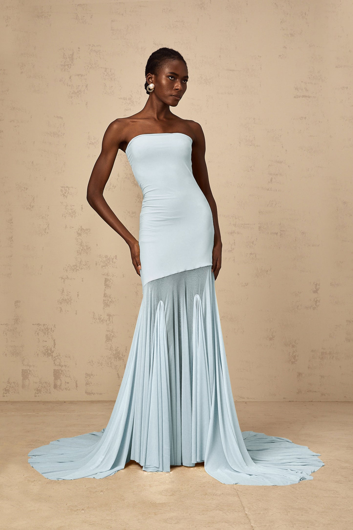 Josiane Blue Off-shoulder Sheer Tulle Maxi Dress