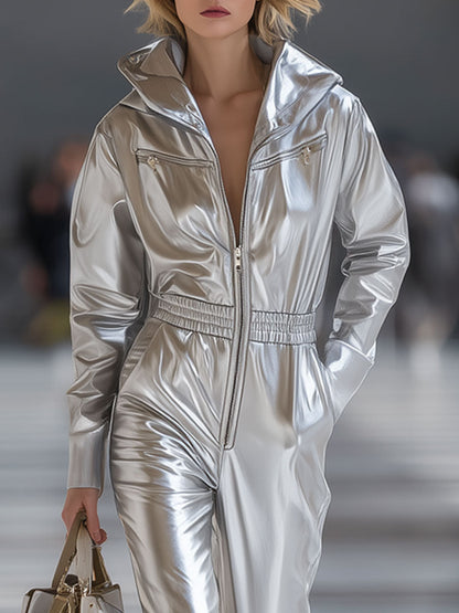 Casual Fashion Silver Faux Leather Long Sleeve Hooded Elastic Waist Jumpsuit