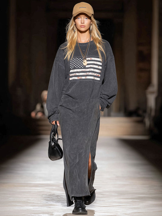 Casual Retro American Flag Print Dark Gray Long Sleeve Slit Sports Maxi Dress