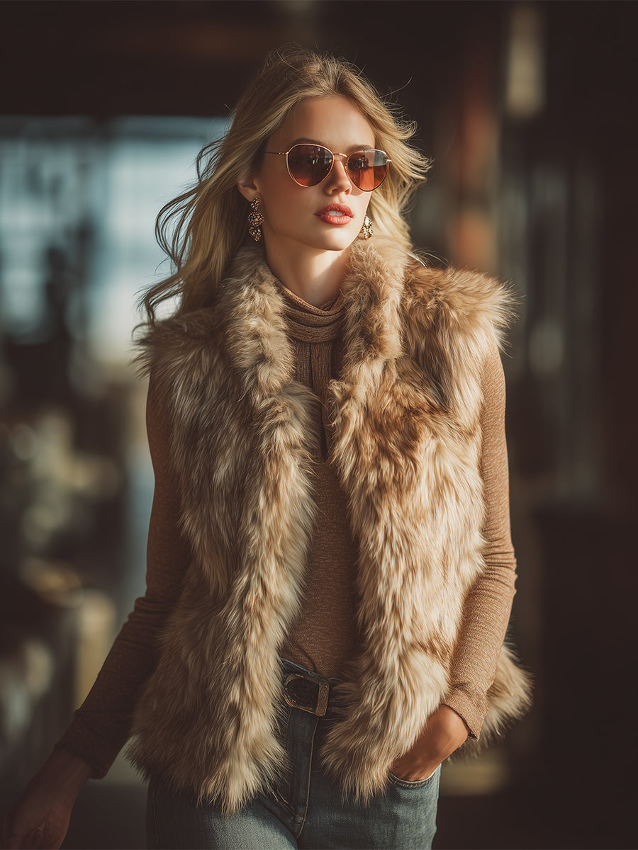 Vintage Western Light Brown Stand Collar Faux Fur Vest