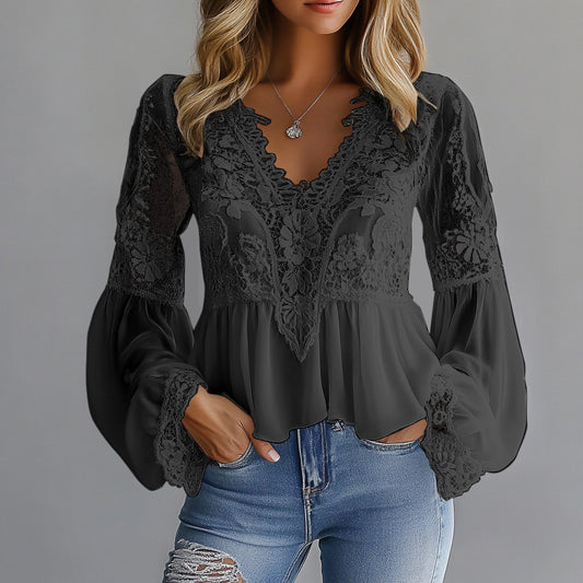 Ursime Lace Floral Hollow Out V Neck Lantern Sleeve Blouse