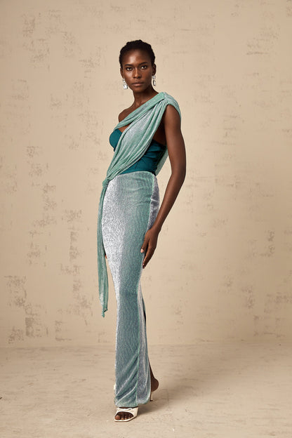 Delphine green ribbon-design corset maxi dress