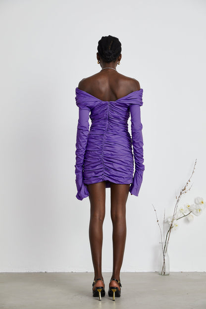 Apolline purple off-shoulder ruched mini dress