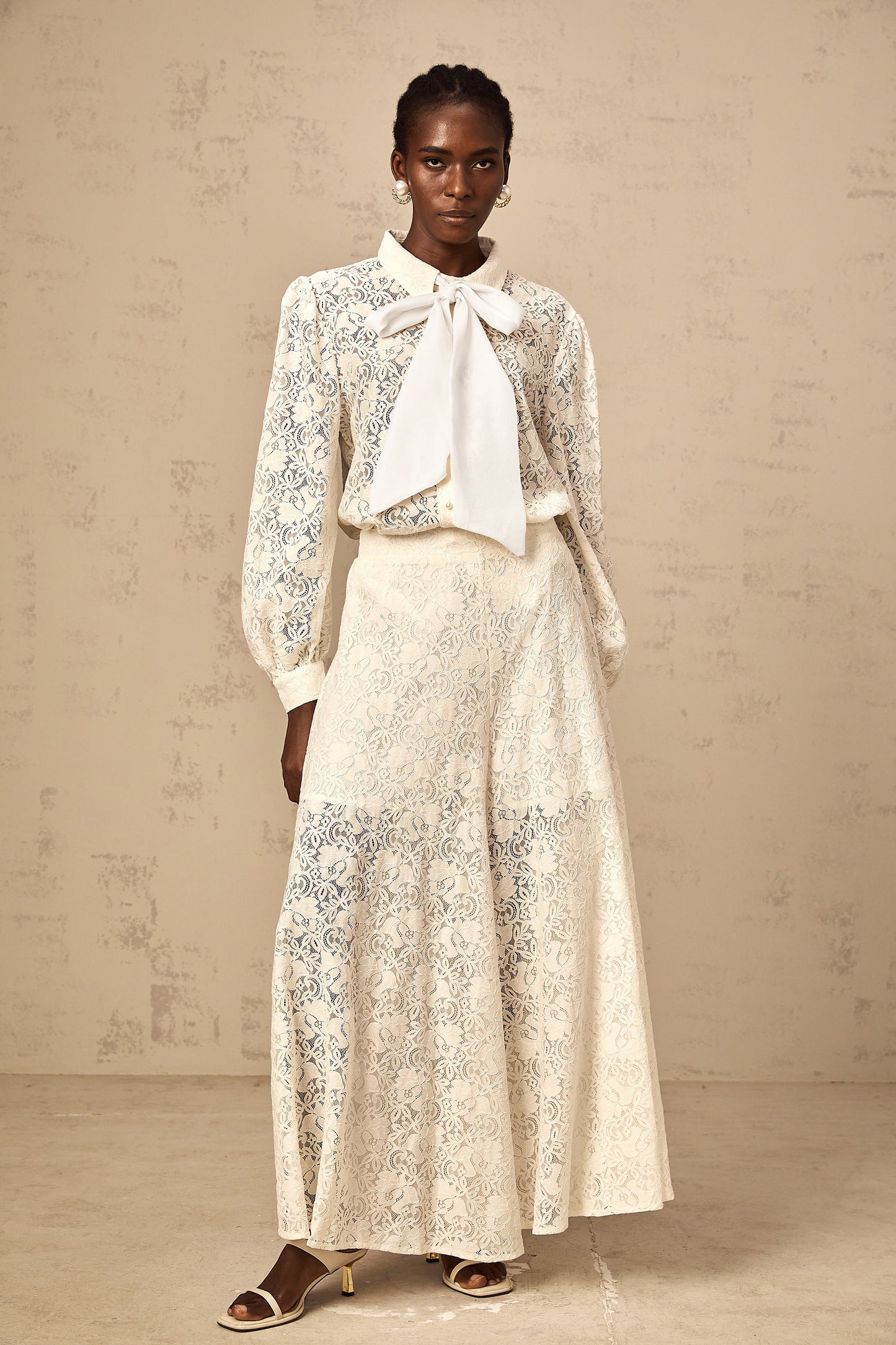 Vanessa white guipure-lace shirt & trousers matching set