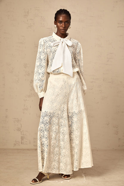 Vanessa white guipure-lace shirt & trousers matching set