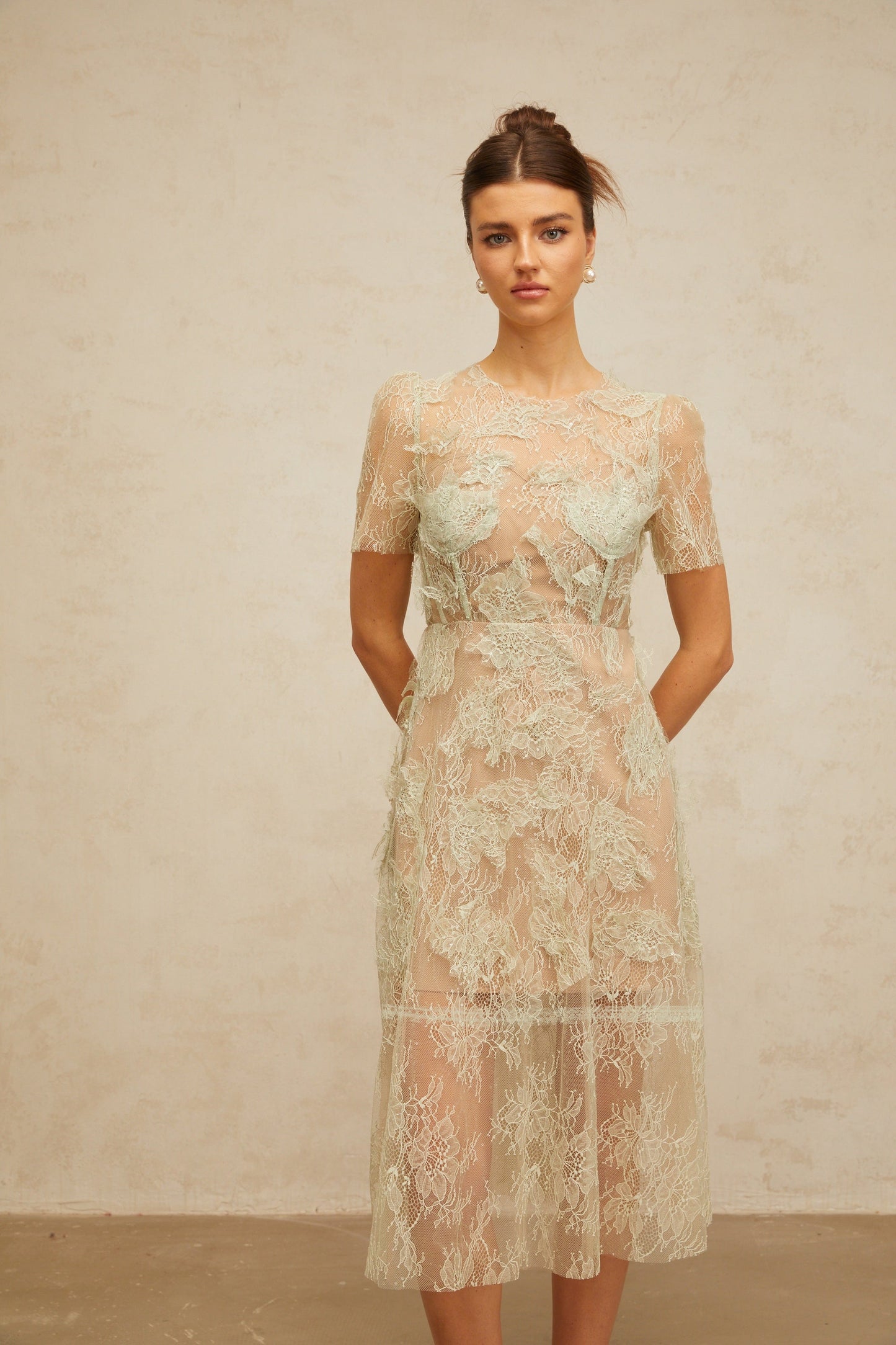 Xaviera mint-green floral-lace midi dress