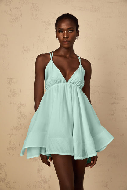 Quincie Green Shirred Flounced Mini Dress