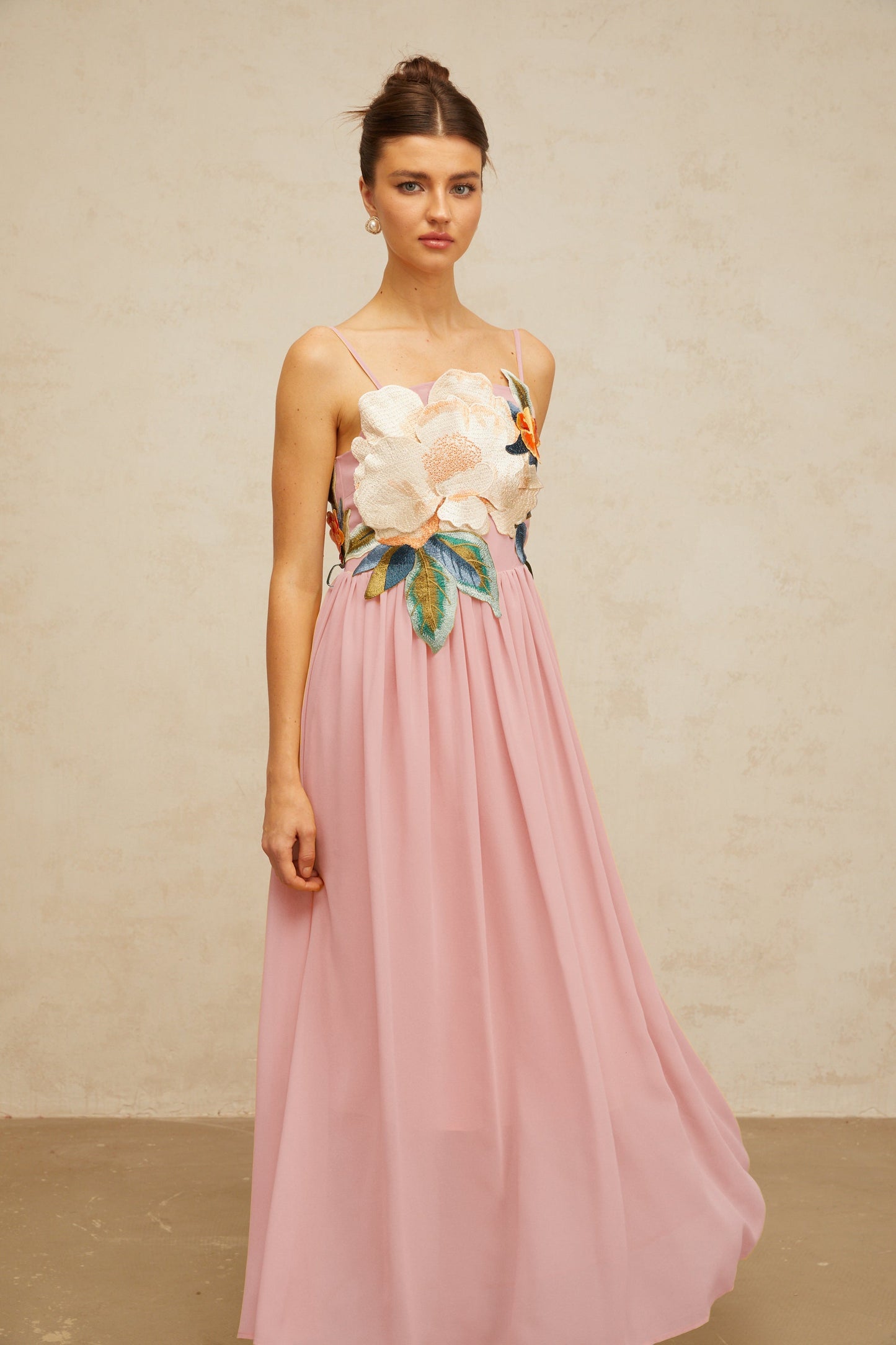 Josette floral-embroidered shirred maxi dress in Pink
