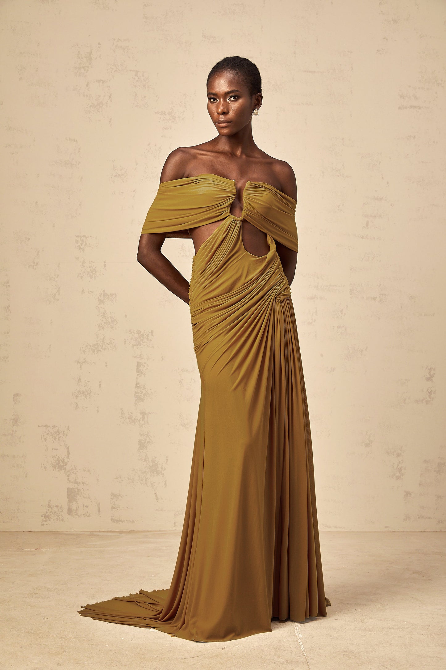 Ludivine ocher off-shoulder cut-out ruched maxi dress