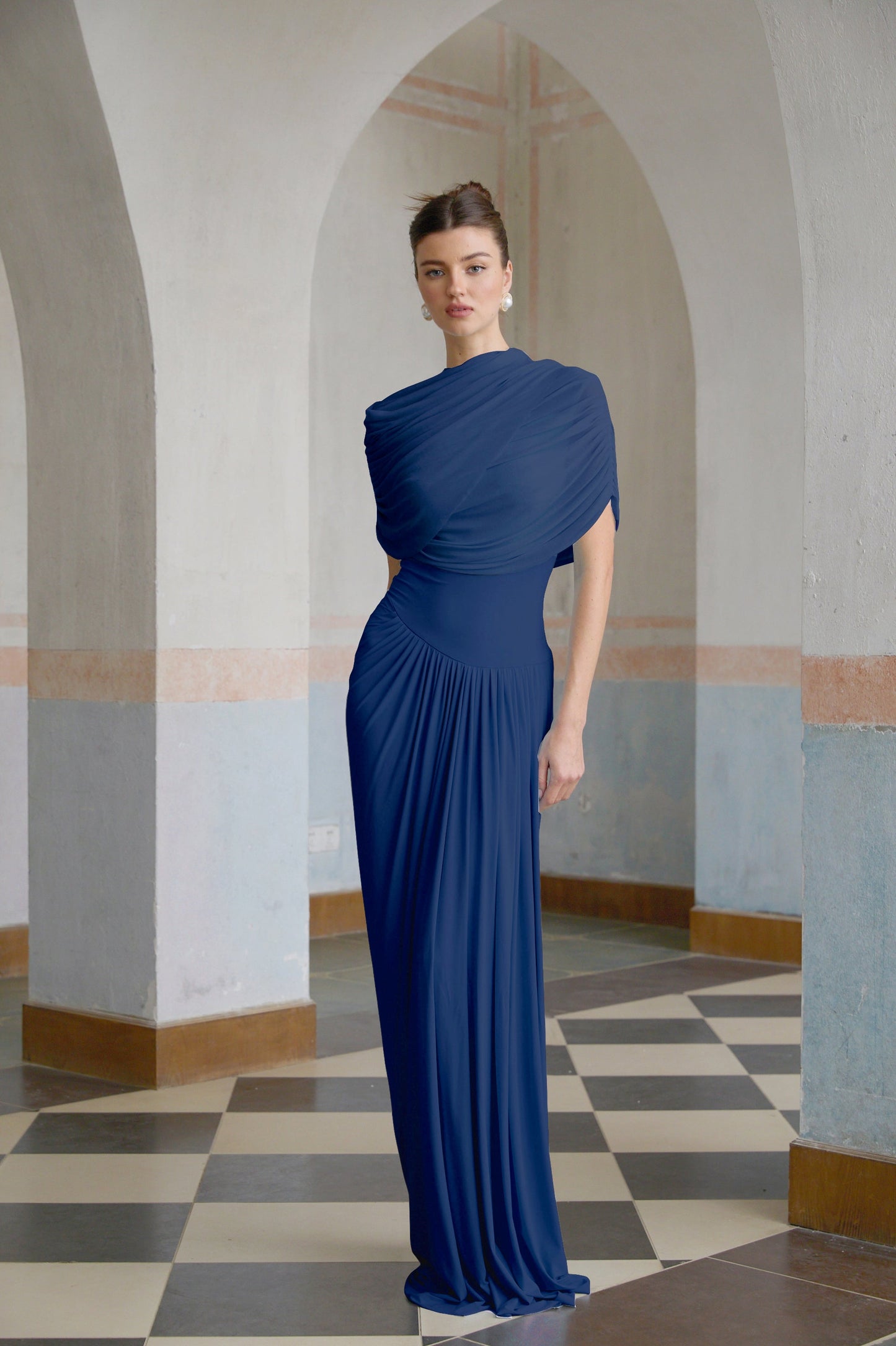 Catherine asymmetrical pleated maxi dress in Navy-blue