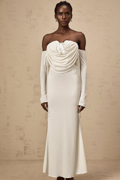 Julia floral-appliqué ruched strapless maxi dress