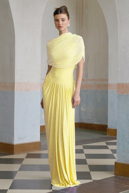 Catherine asymmetrical pleated maxi dress in Yellow