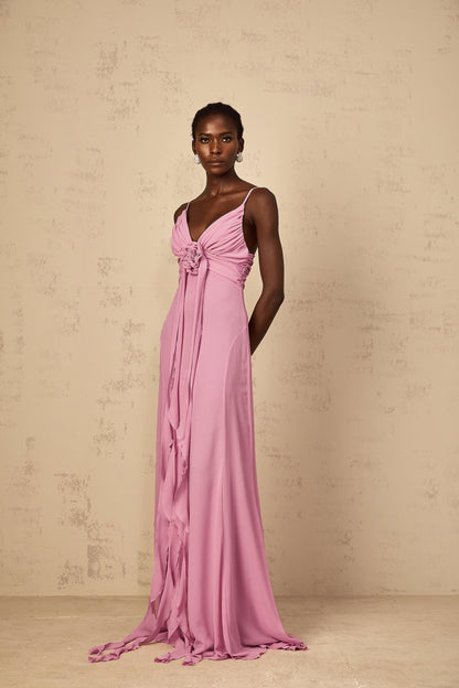 Ysandre Rose-Pink 3D Petal Tulle Maxi Dress
