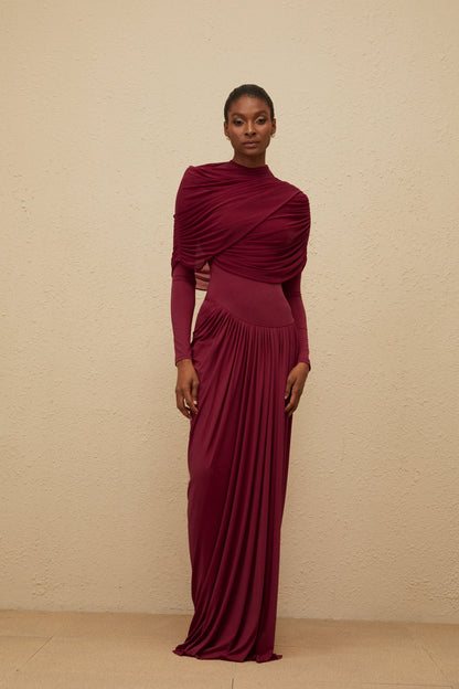 Catherine Red Asymmetrical Pleated Long-Sleeve Maxi Dress