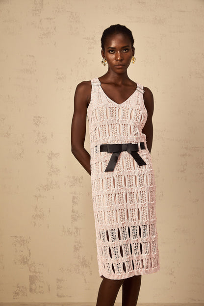 Elodie pink bowknot crochet-knit midi dress