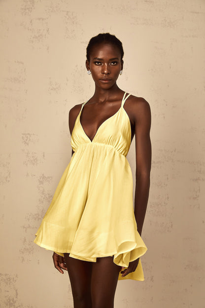 Quincie Yellow Shirred Flounced Mini Dress