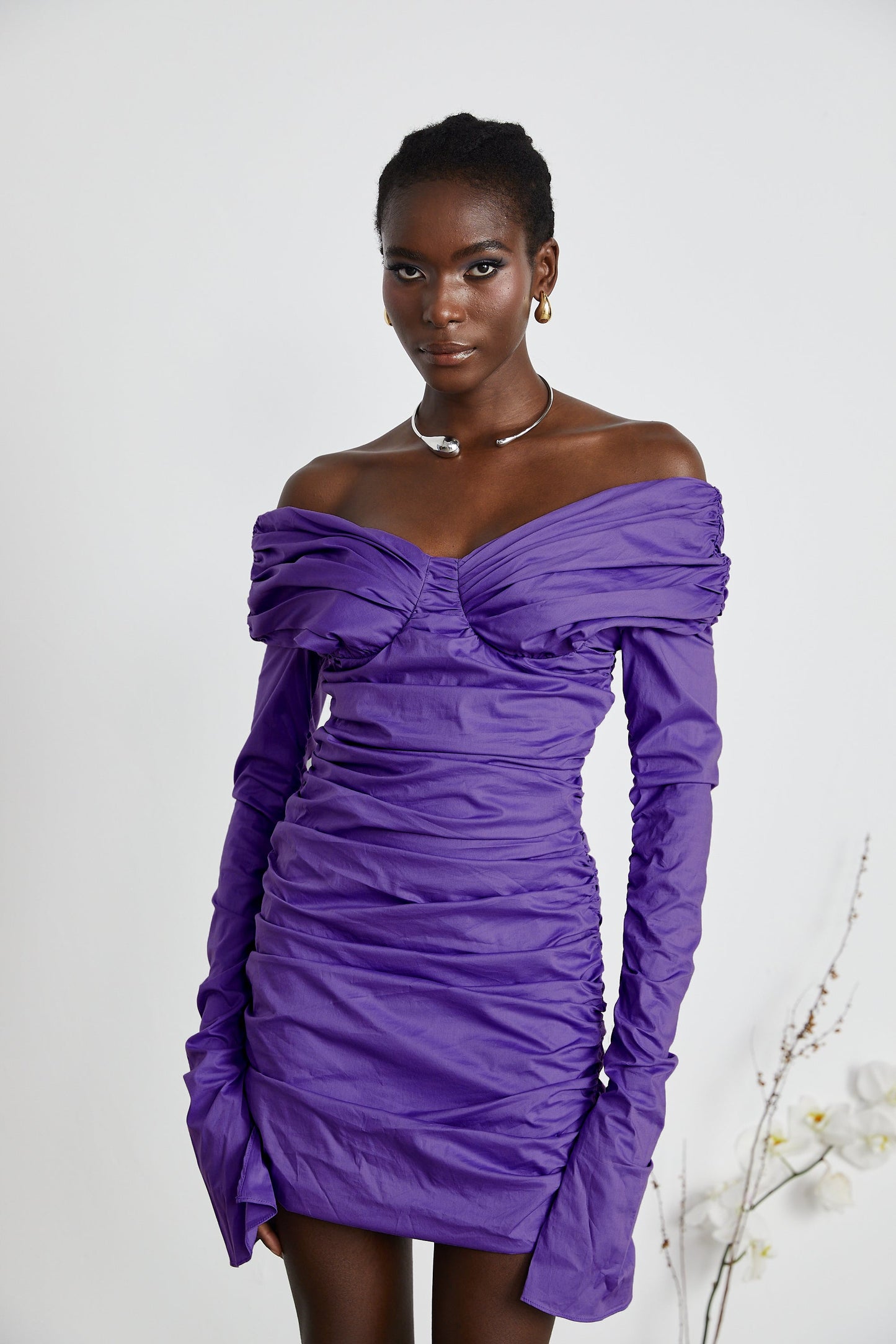 Apolline purple off-shoulder ruched mini dress