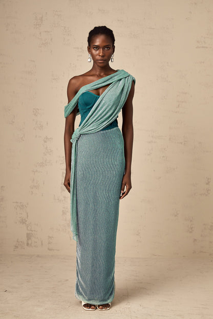 Delphine green ribbon-design corset maxi dress