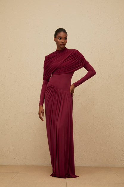 Catherine Red Asymmetrical Pleated Long-Sleeve Maxi Dress
