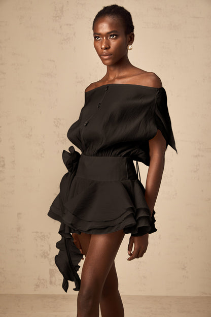 Amélie Black Floral Appliqué Flounced Mini Dress