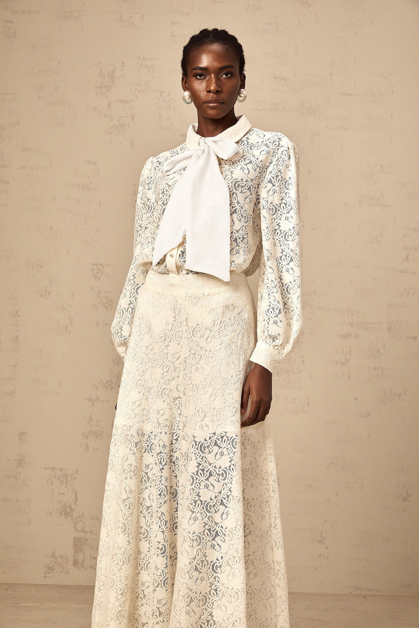 Vanessa white guipure-lace shirt & trousers matching set