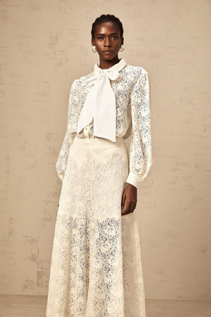 Vanessa white guipure-lace shirt & trousers matching set