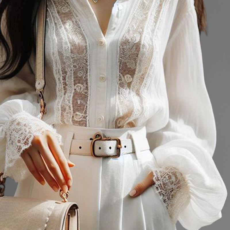 Elegant Hollow Lace Patchwork Lantern Sleeve Button Blouse