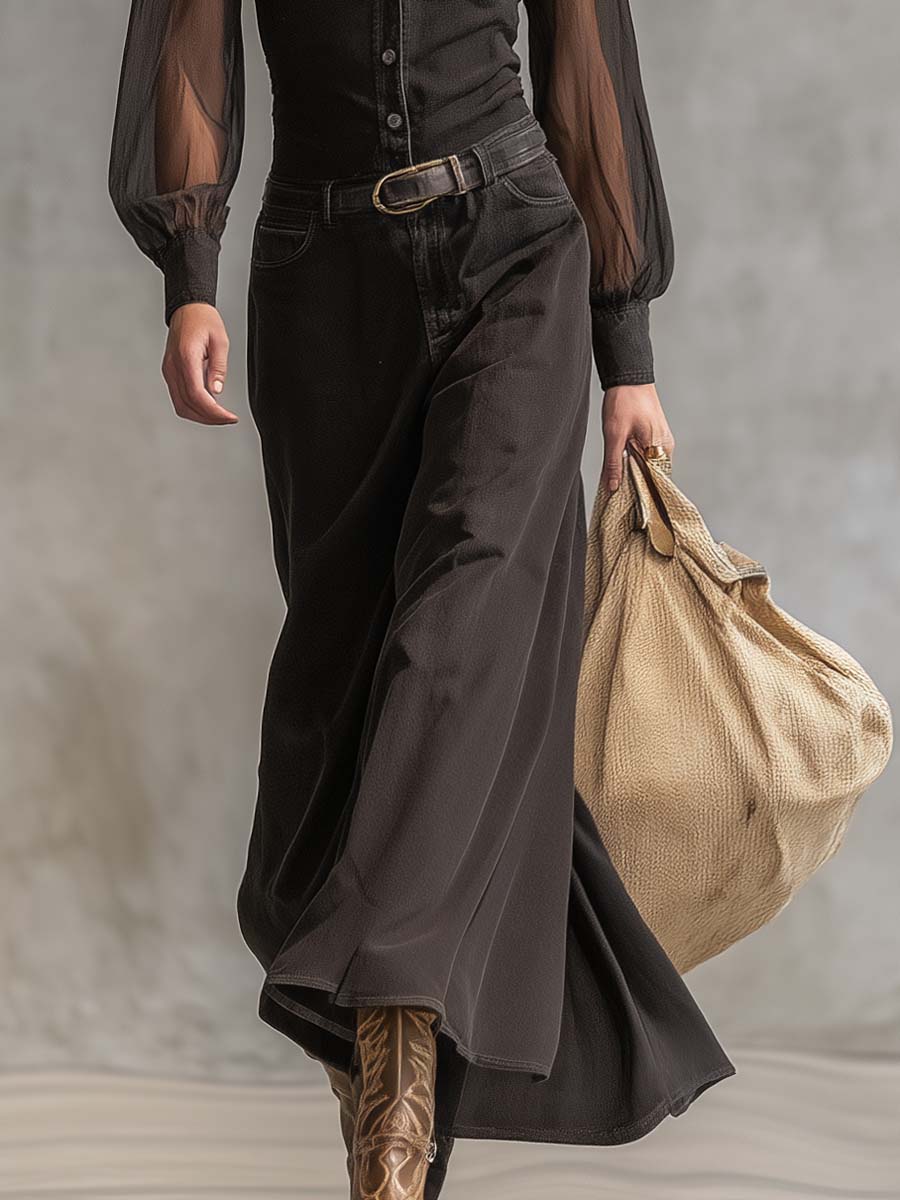 Vintage Western Front Button V-Neck Transparent Long Sleeve Black Denim Maxi Dress
