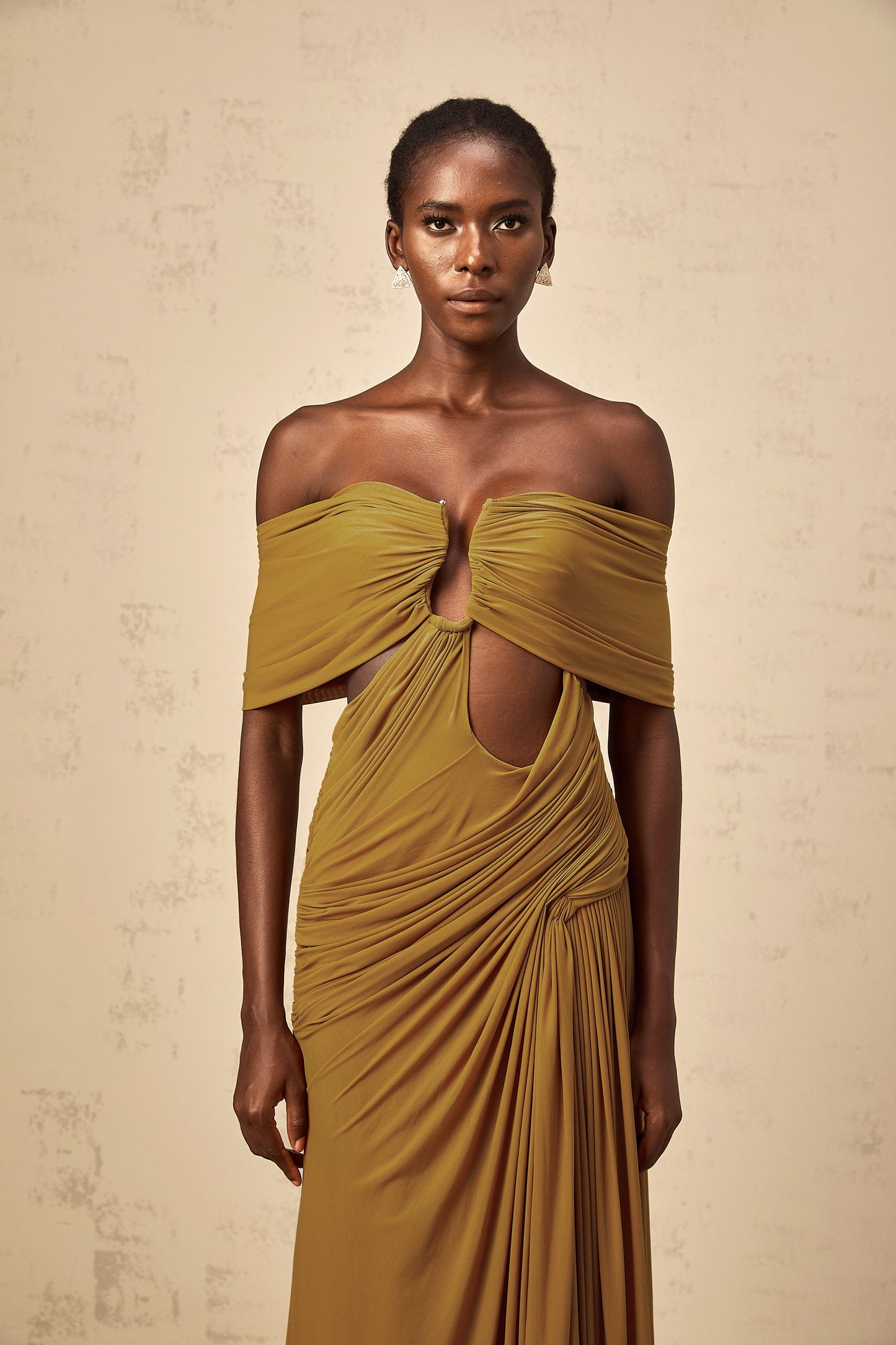 Ludivine ocher off-shoulder cut-out ruched maxi dress
