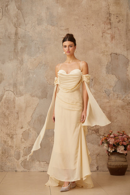 Mélusine Neutral Ruched Chiffon Maxi Dress