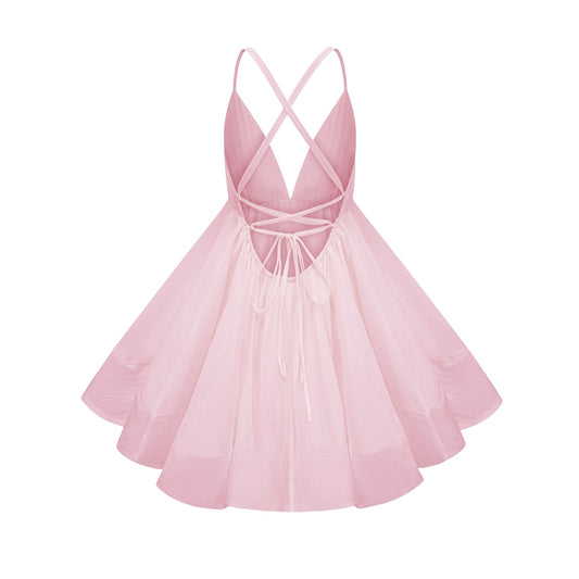 Quincie Pink Shirred Flounced Mini Dress