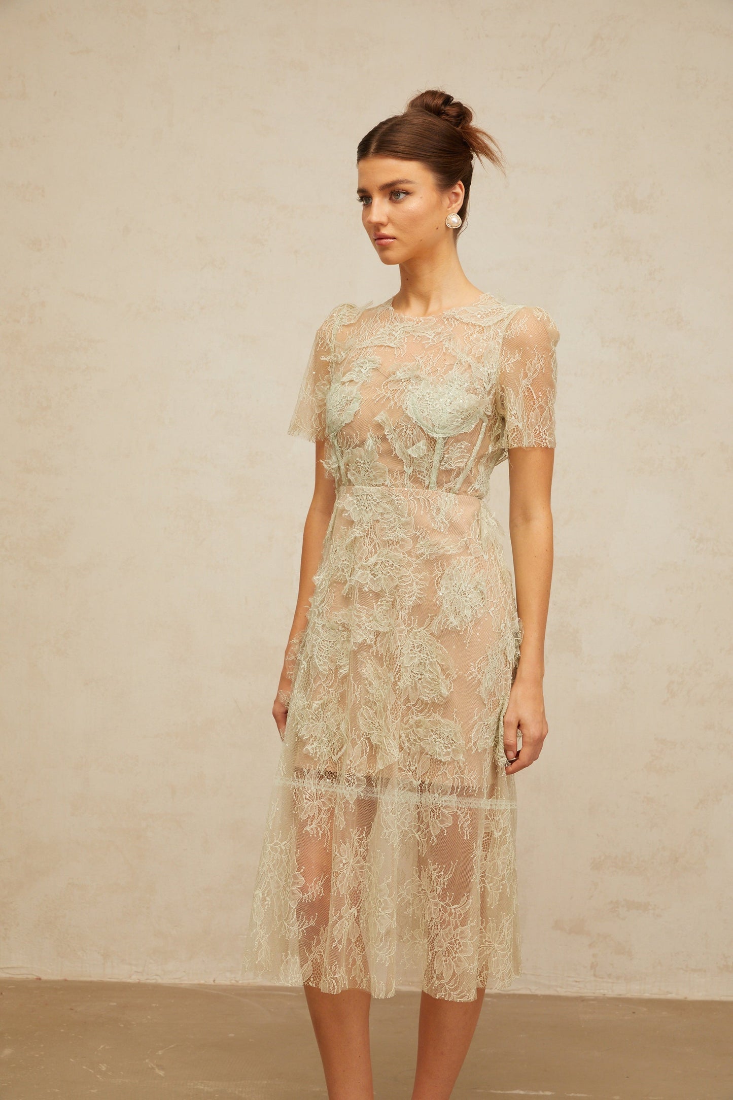 Xaviera mint-green floral-lace midi dress