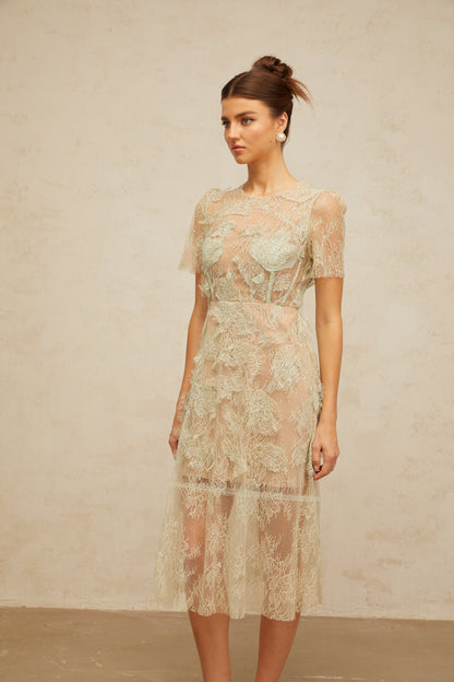 Xaviera mint-green floral-lace midi dress