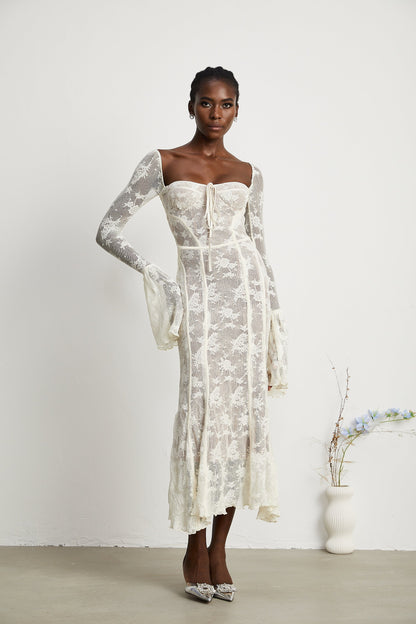Marlene White Flared Lace Maxi Dress