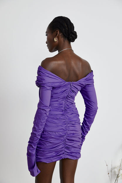 Apolline purple off-shoulder ruched mini dress