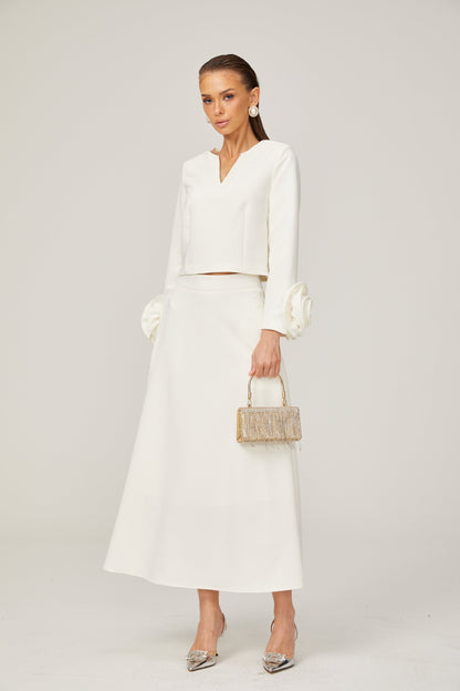 Hilaire white 3d-petal top & skirt matching set