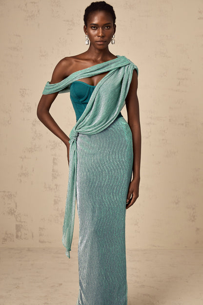 Delphine green ribbon-design corset maxi dress
