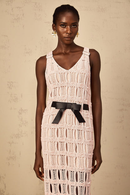 Elodie pink bowknot crochet-knit midi dress
