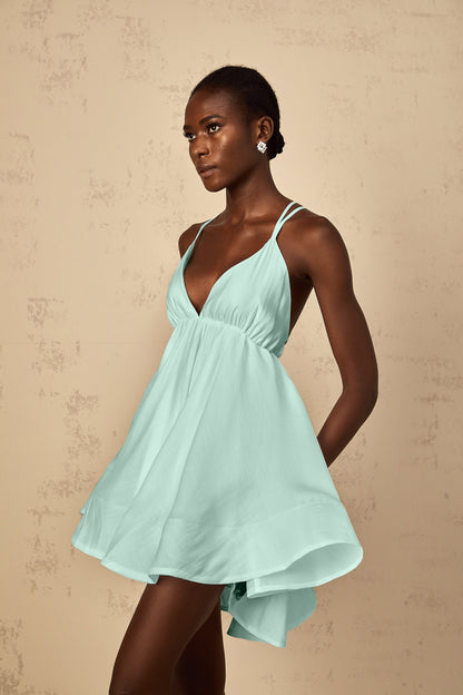 Quincie Green Shirred Flounced Mini Dress