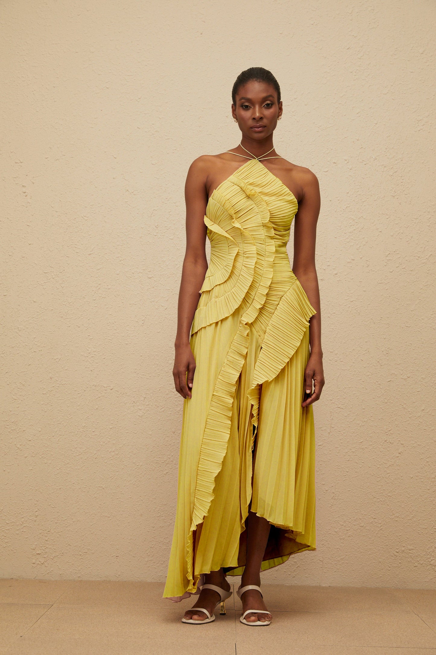 Doux Yellow Ruffled Trim Pleated Midi Dress