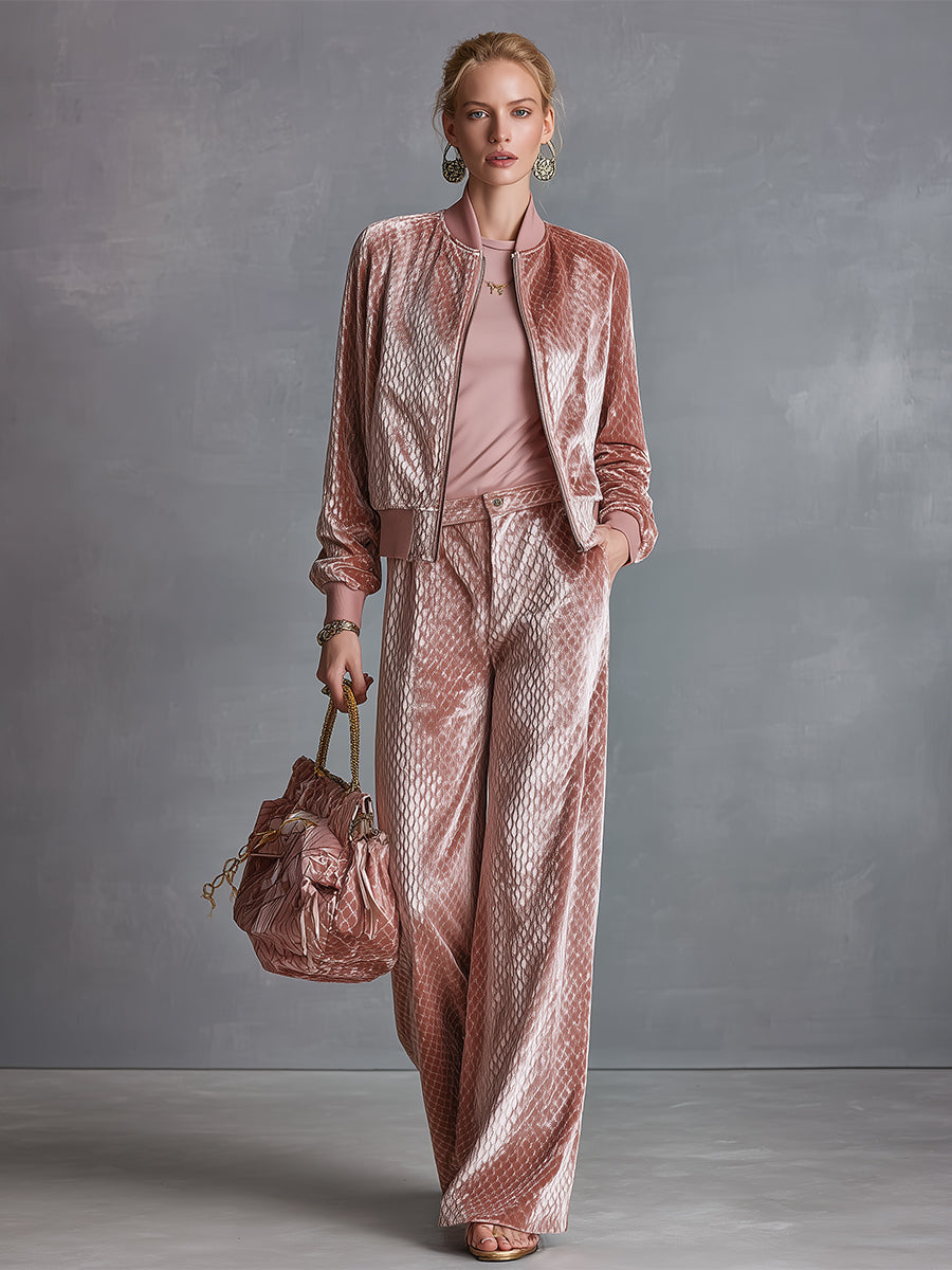 Casual And Elegant Dry Pink Textured Velvet Jacket And Wide-leg Pants Set