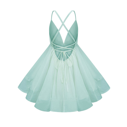 Quincie Green Shirred Flounced Mini Dress