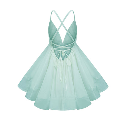 Quincie Green Shirred Flounced Mini Dress