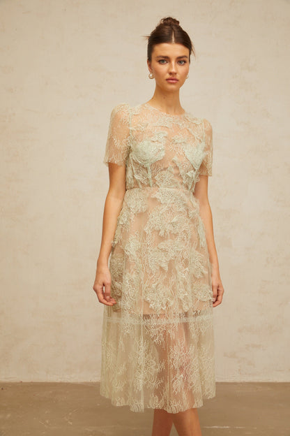 Xaviera mint-green floral-lace midi dress