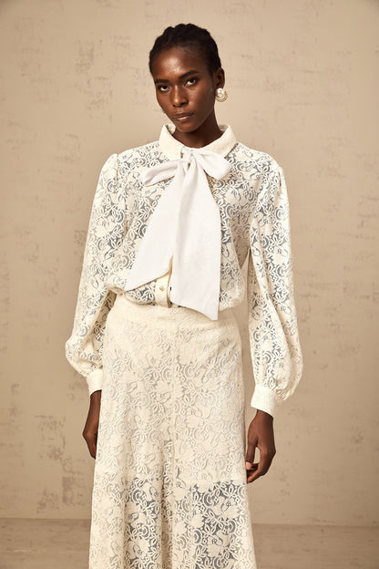 Vanessa white guipure-lace shirt & trousers matching set