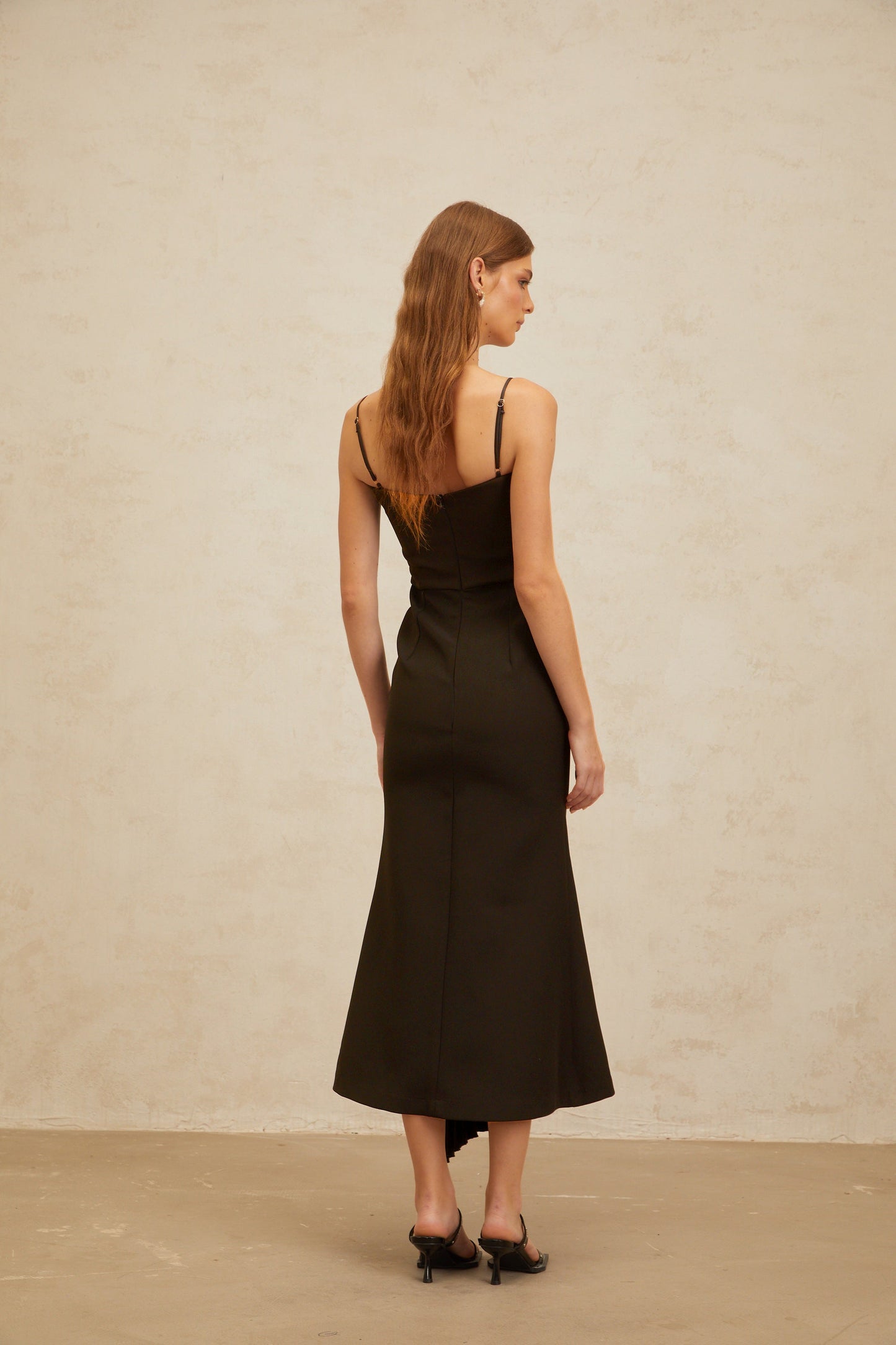Déotille Brown Pleated Ribbon Midi Dress
