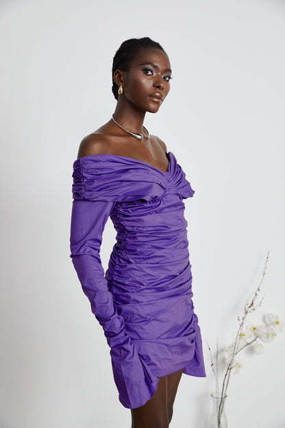 Apolline purple off-shoulder ruched mini dress
