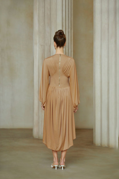 Kenza Pink Asymmetrical Pleated Midi Dress
