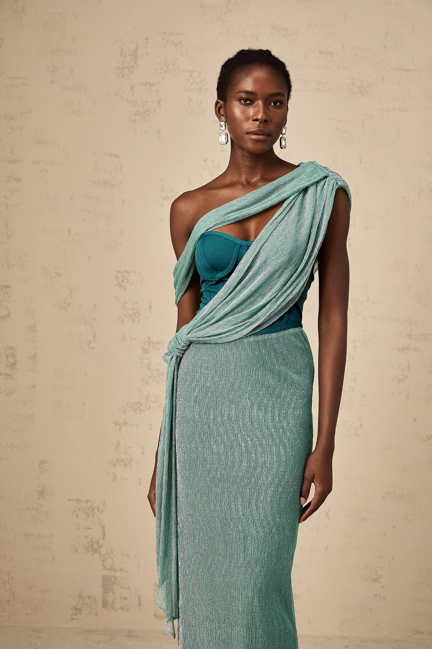 Delphine green ribbon-design corset maxi dress