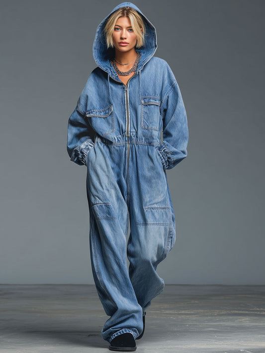 Street Retro Zipper Hooded Blue Denim Wide-Leg Jumpsuit